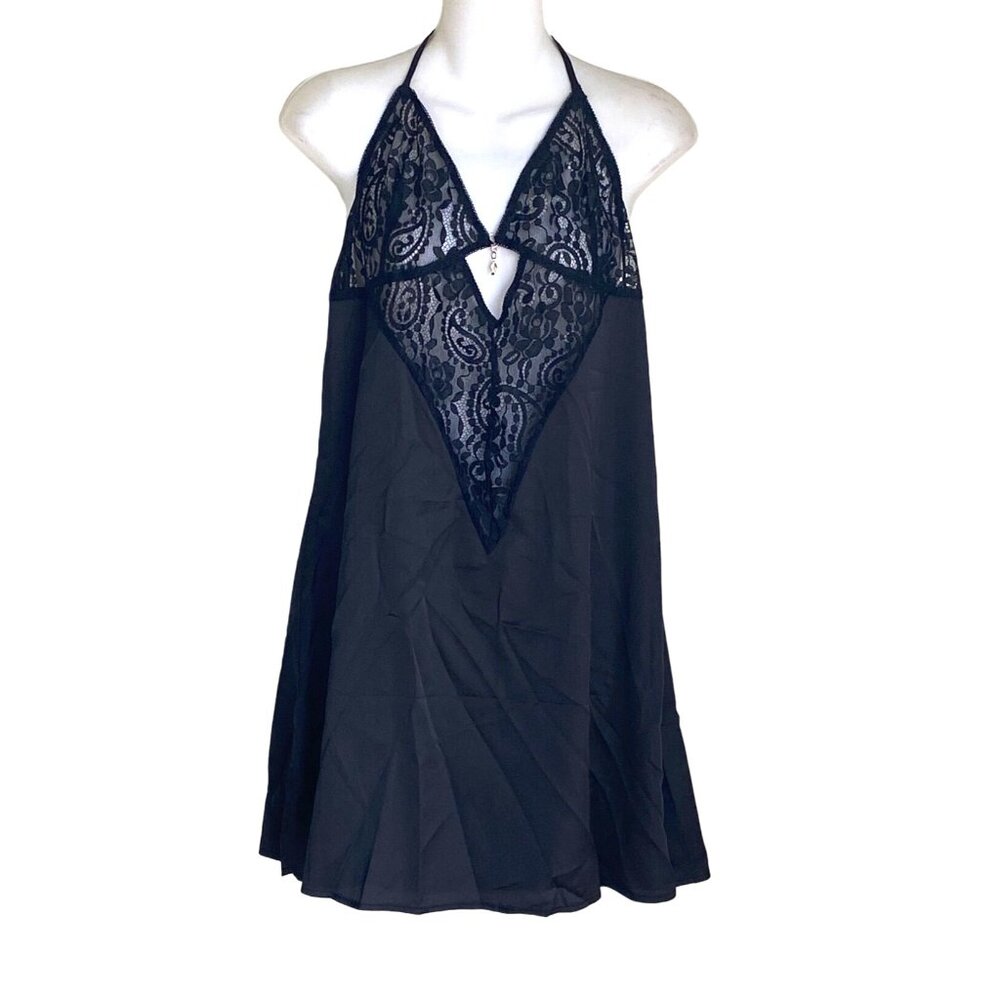 Feminine Sheer sensual lace Plus Size Black Halter Neck Slip Lingerie Dress 2XL